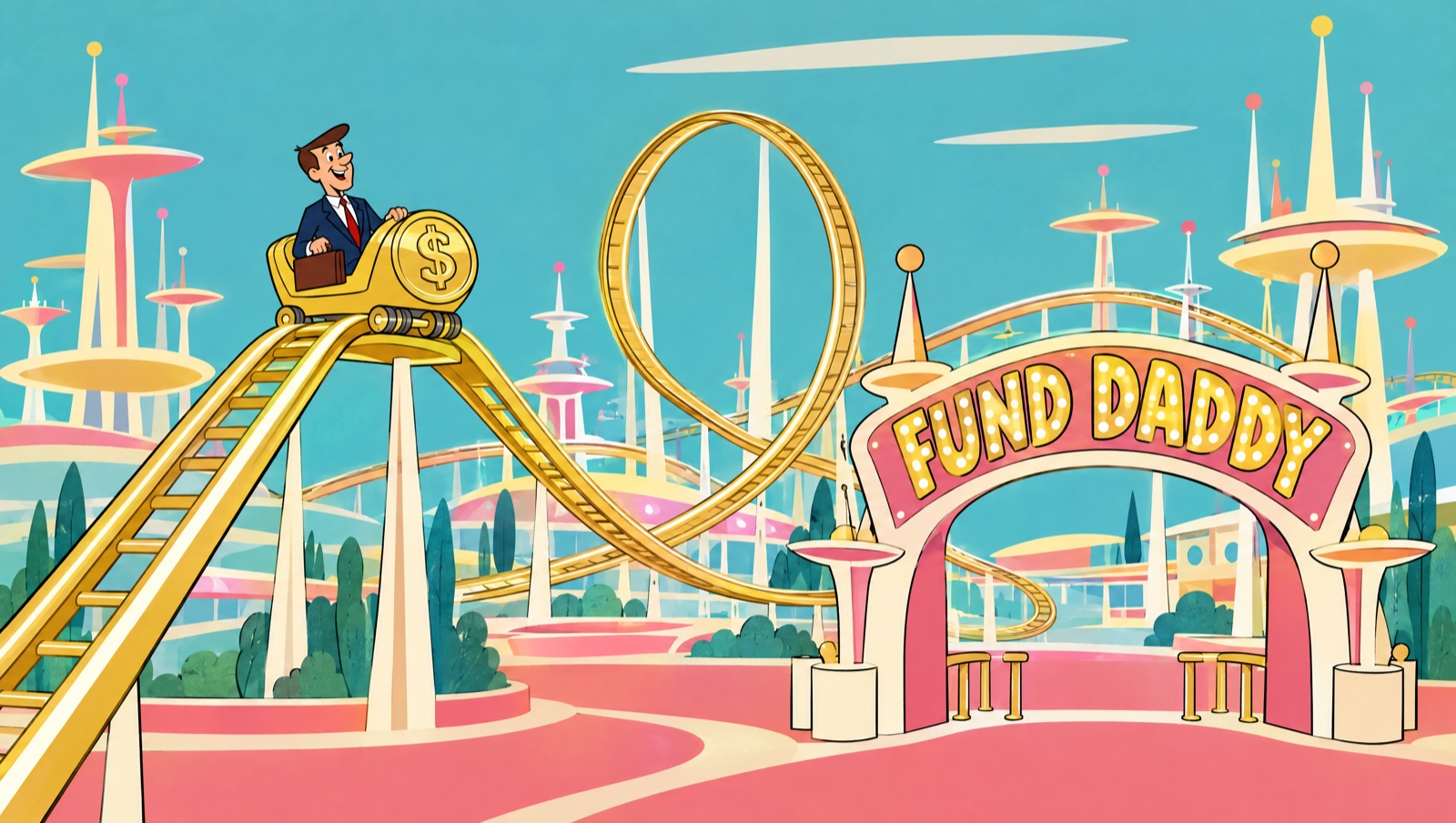 Wide shot: gold coaster through a pastel Googie park, FUND DADDY gate.