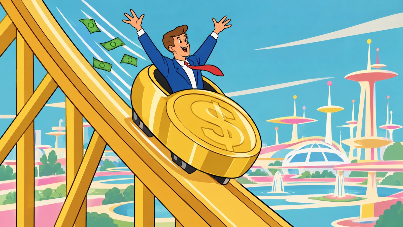 The coin car plunges down the gold track, bills flying.