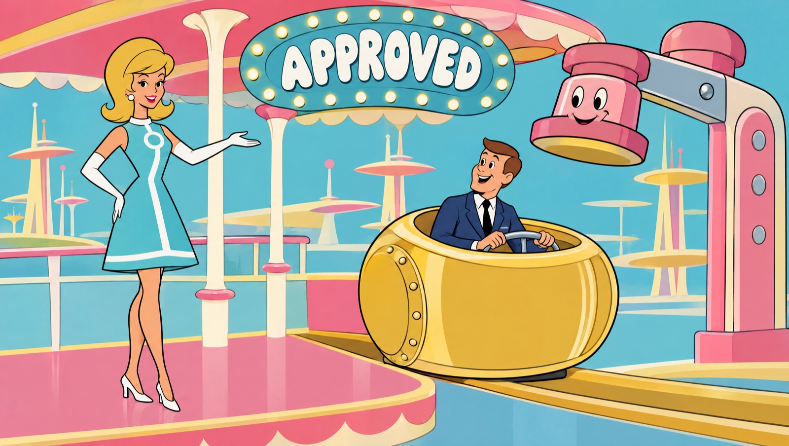 The hostess presents at the APPROVED station as the car pulls in.