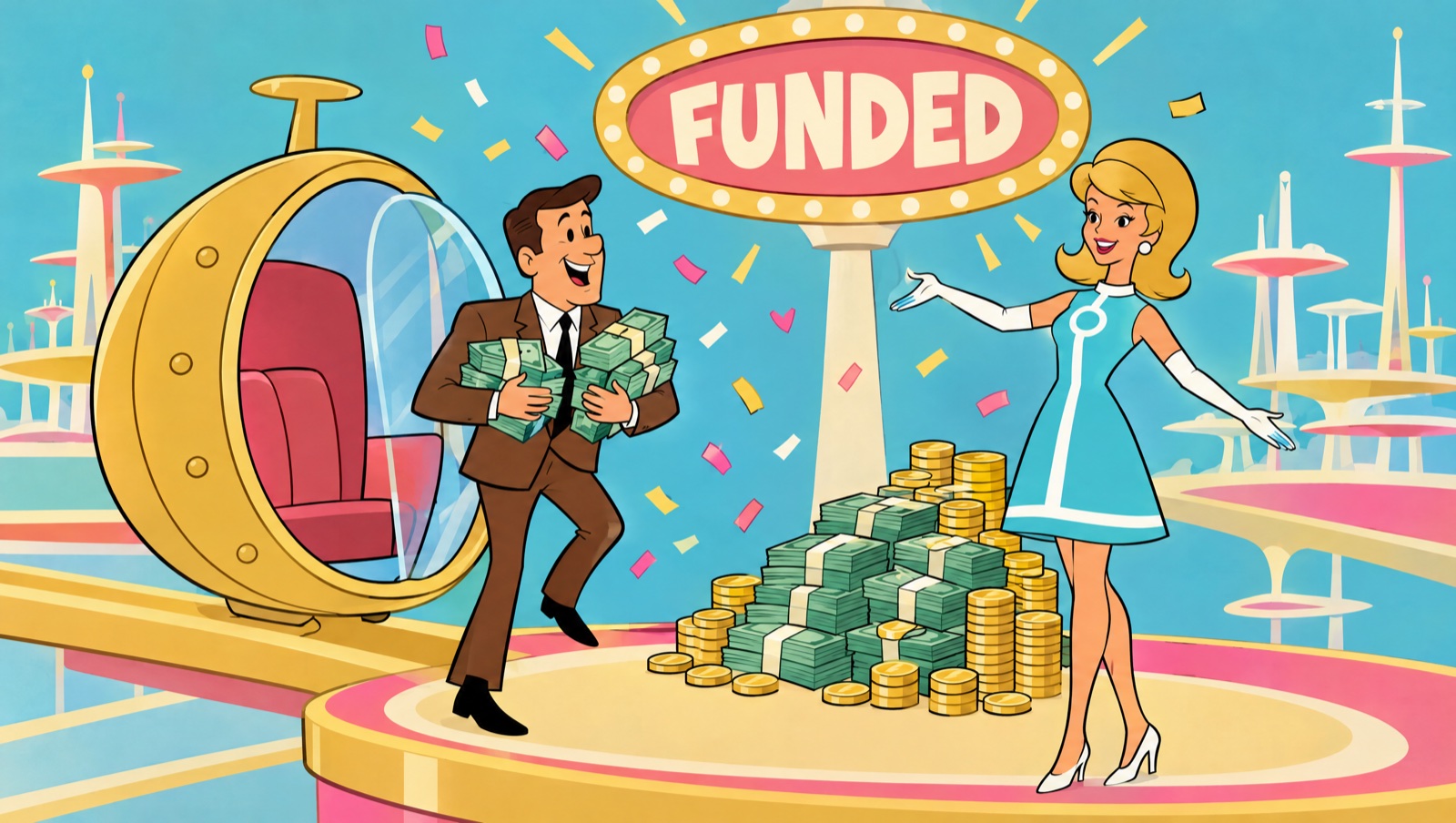 The rider steps out with armfuls of cash under a FUNDED sign.